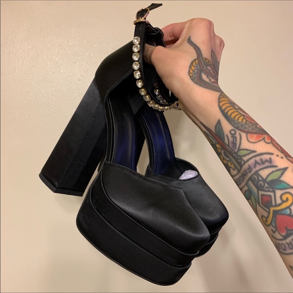 Black platform satin heels